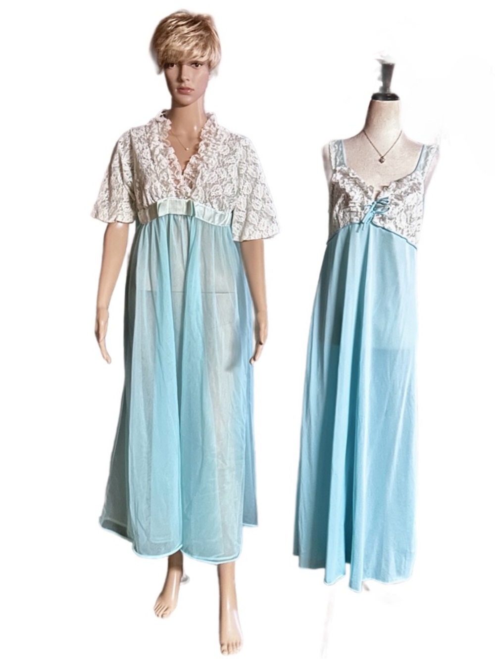 Montgomery Wards ~ Medium ~ Vtg ~ Blue ~ Peignoir Chiffon ~ Robe & Nightgown Set